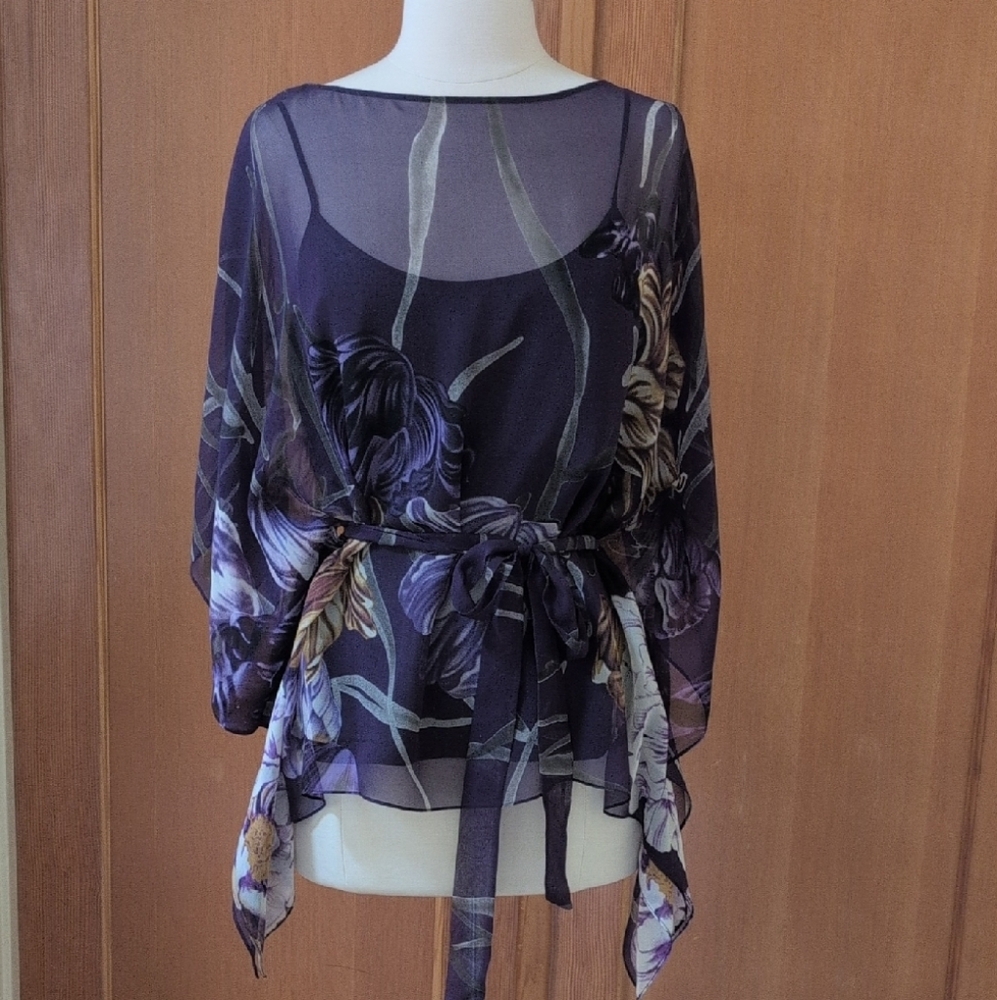 Elie Tahari Blue Tie Front Asymmetrical Blouse